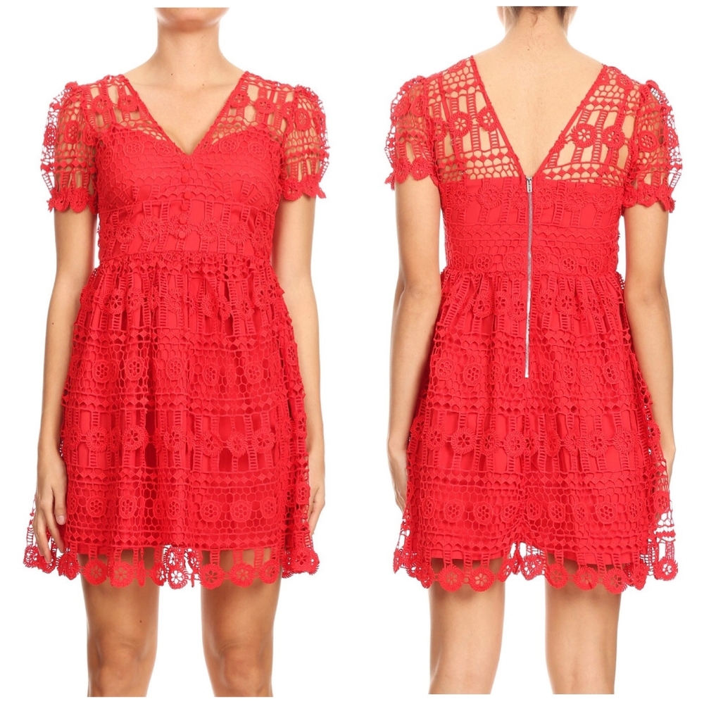 INA Sophisticated Chic Hot Red Crochet Overlay Short Dress - Picture 2 of 5